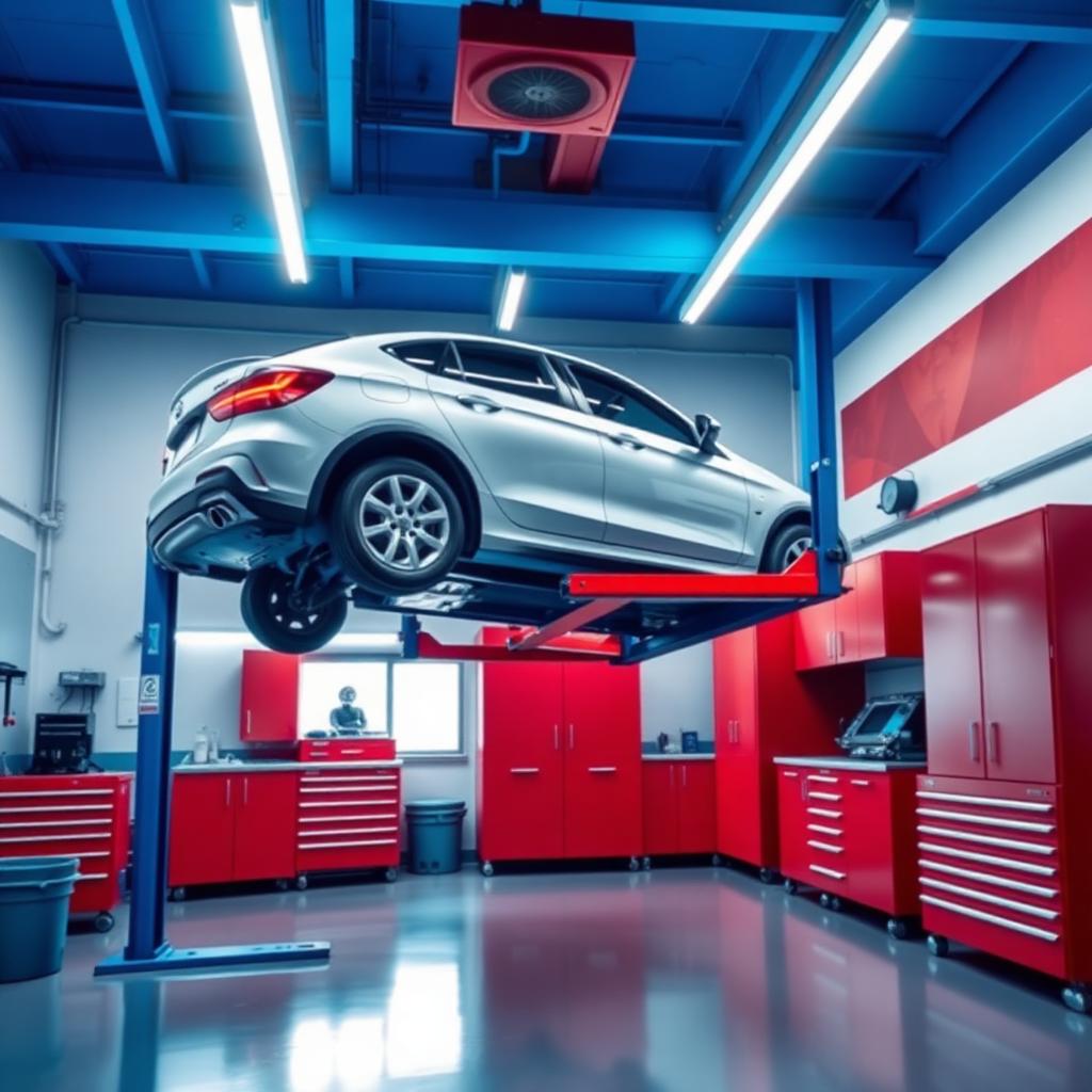 Enterijer auto servisa Branković Performance sa vozilom na dizalici