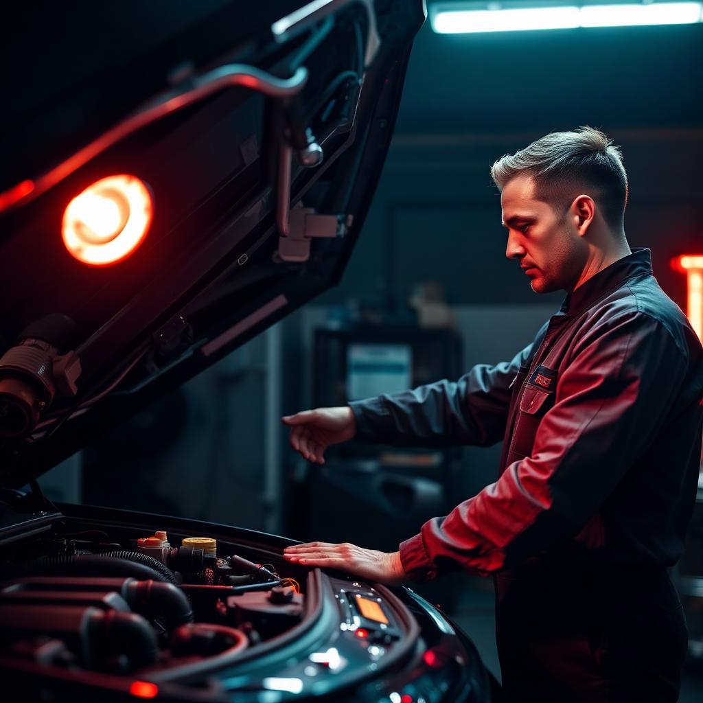 Mehaničar pregleda motor pod radnom lampom